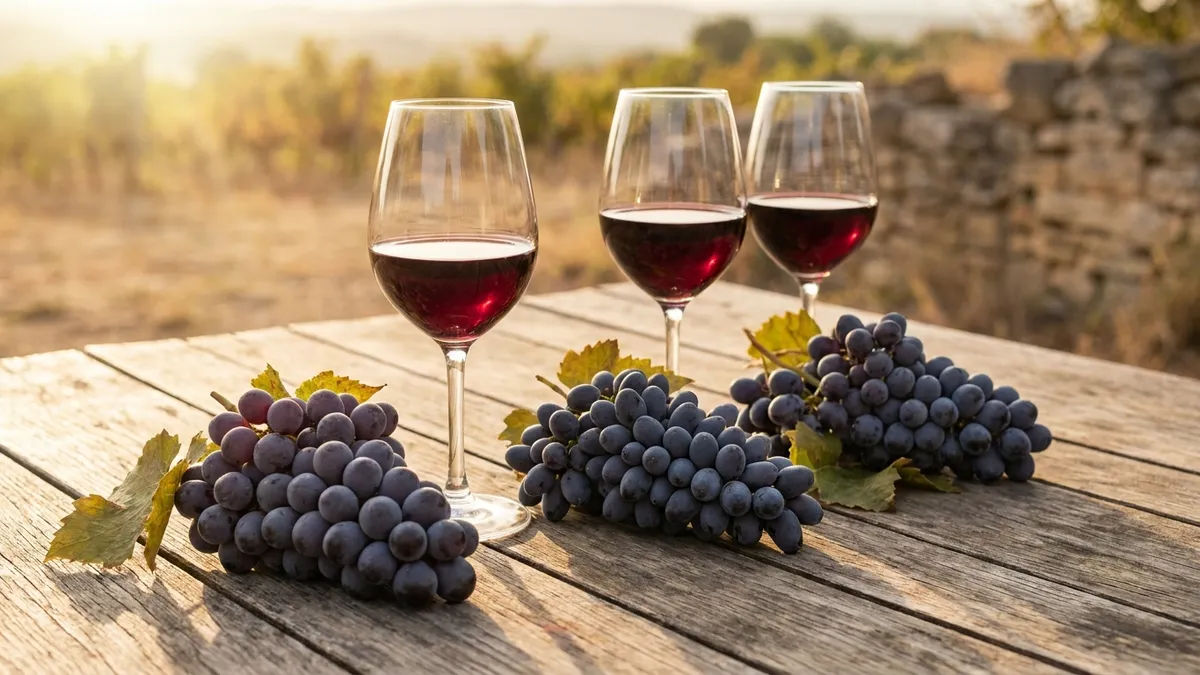 Three glasses of southern Rhône red wine on a rustic wooden table beside loose Grenache, Syrah, and Mourvèdre grape clusters, warm afternoon light