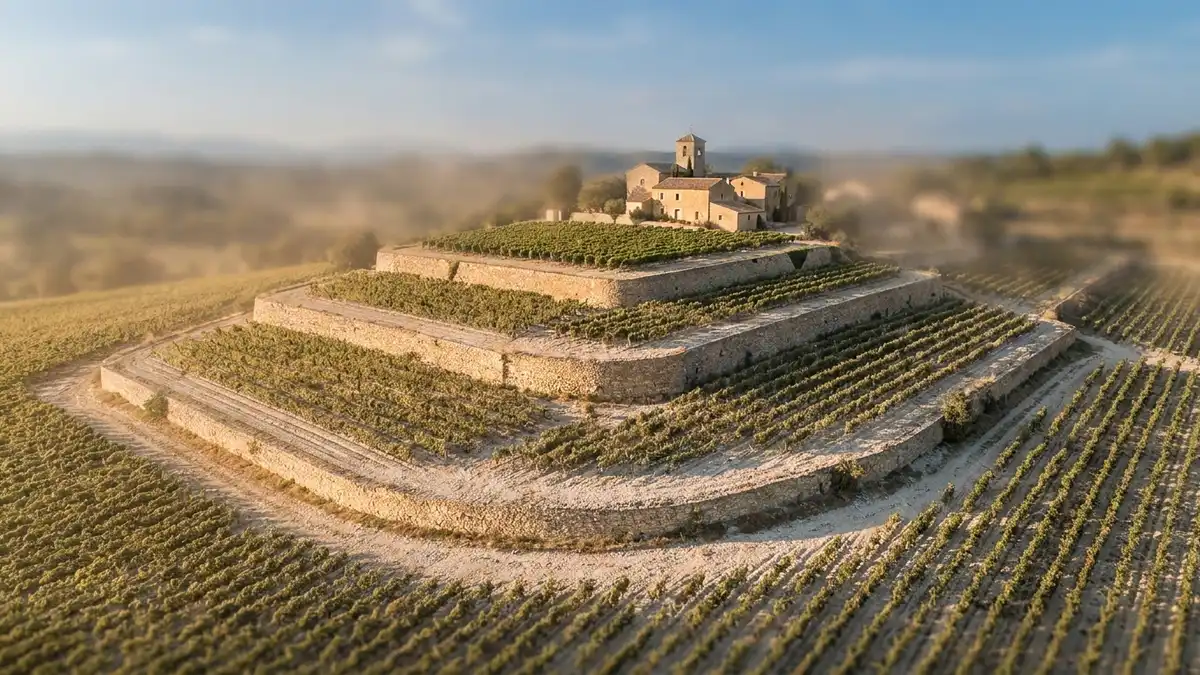 A four-step value pyramid carved into a southern Rhône vineyard hillside, from broad regional vines up to a single fenced Cru plot near a hilltop village