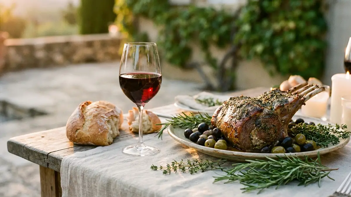 A relaxed Provençal table with a glass of southern Rhône red, herb-crusted roast lamb, olives, and bread under warm evening light
