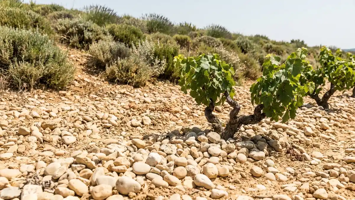 Sun-baked southern Rhône vineyard carpeted in smooth pale galets stones, low Grenache vines, garrigue scrub on the hillside, warm midday light