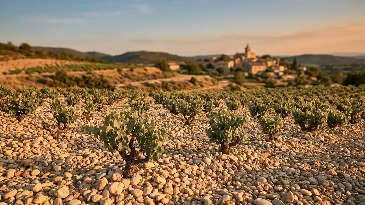 Sun-baked southern Rhône vineyard covered in smooth pale galets stones with Grenache vines and the silhouette of a hilltop village beyond