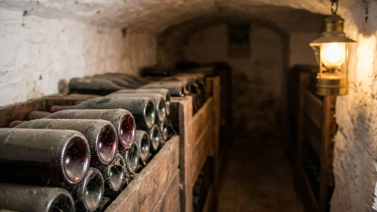 Rows of old dusty red wine bottles lying in deep wooden cellar bins under a warm hanging lamp