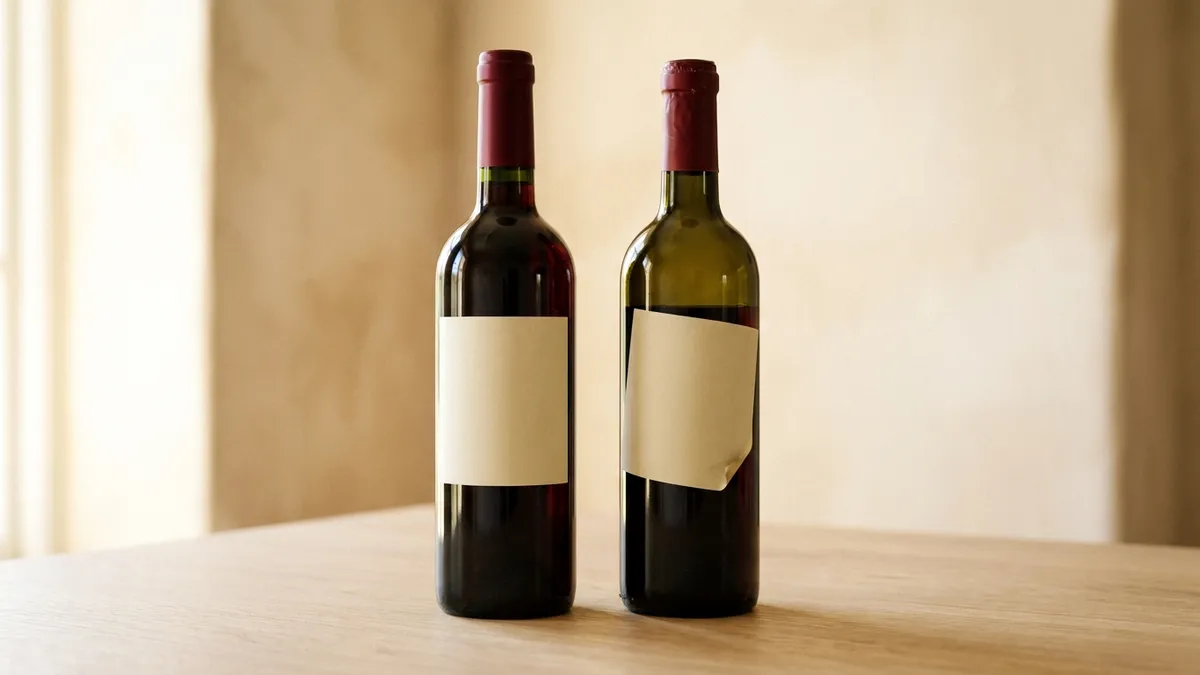 Two similar red wine bottles side by side, one with a straight label, the other with a crooked peeling label and a slightly different capsule