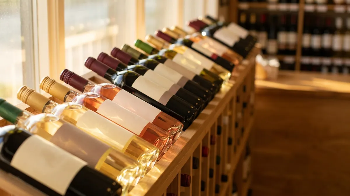 Warm wooden wine shop shelves lined with red, white and rosé bottles in afternoon window light