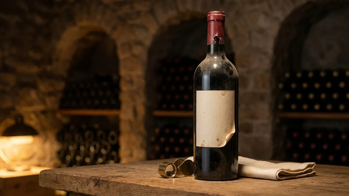 An old dusty red wine bottle with a chipped foil capsule and a blank aged label beside a brass loupe on an oak table in a dim cellar