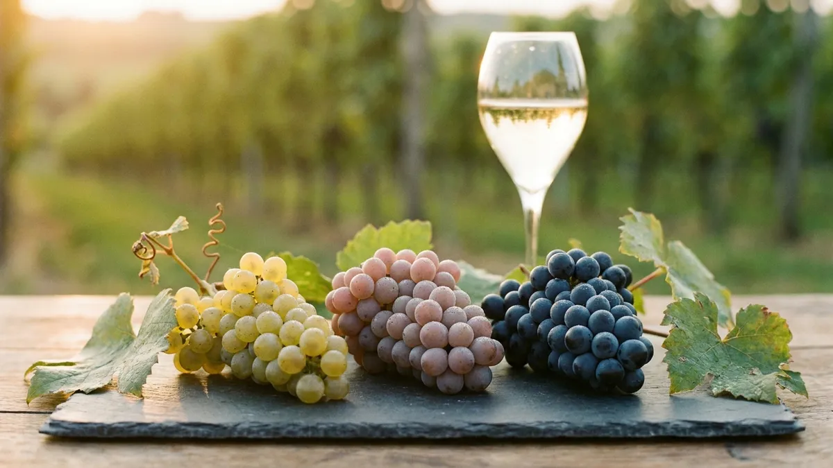 Three small wine grape clusters, golden, dusky pink and blue-black, on a slate slab in front of a glass of pale sparkling wine and blurred vineyard rows