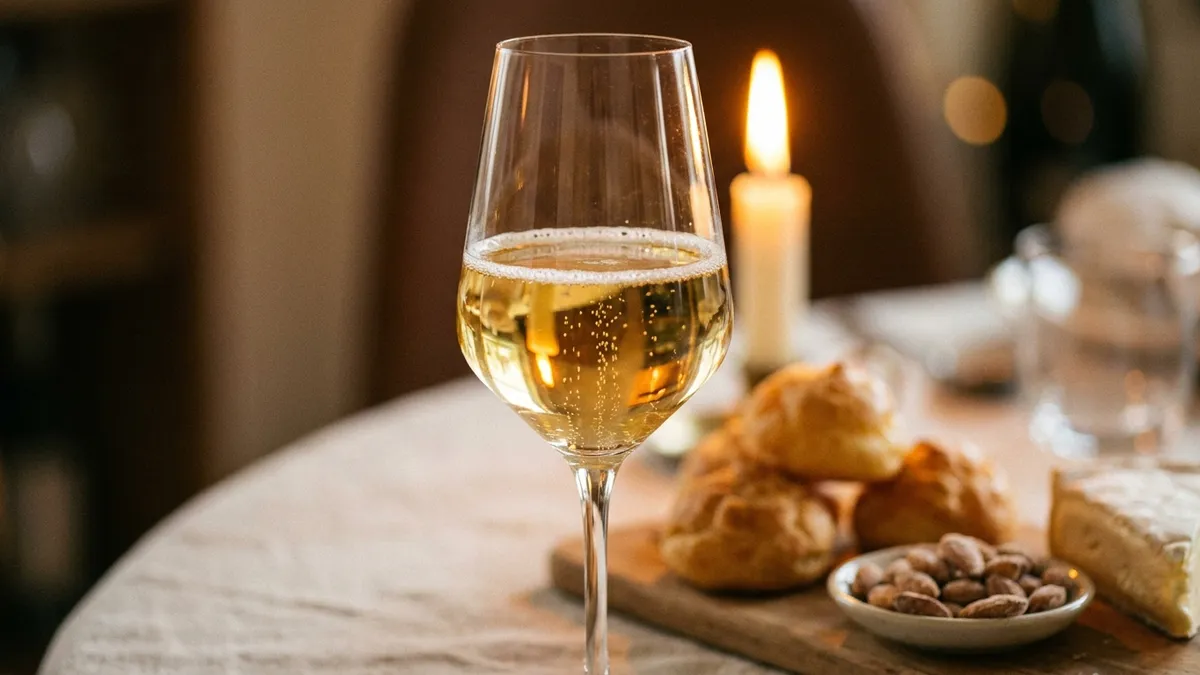 Pale golden sparkling wine glowing in a tulip glass beside gougères, soft cheese and salted almonds on a linen tablecloth