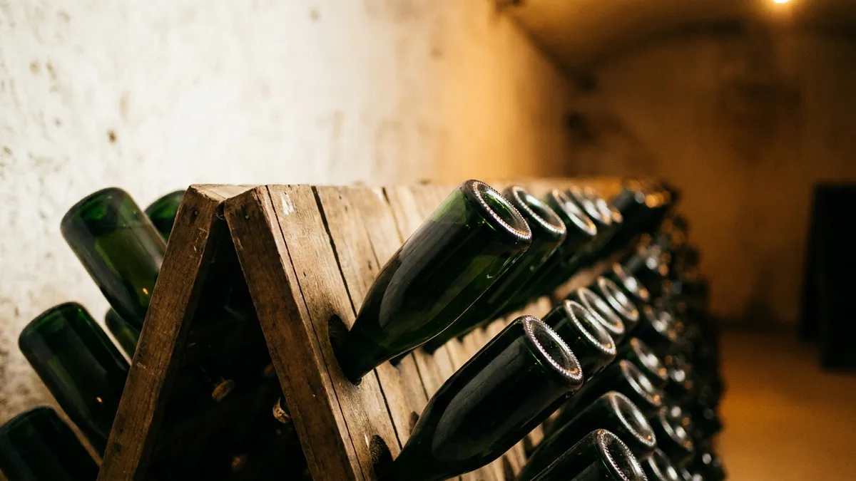 Dark green sparkling wine bottles resting at a steep angle in a wooden riddling rack inside a pale limestone cellar, lit by a single warm light