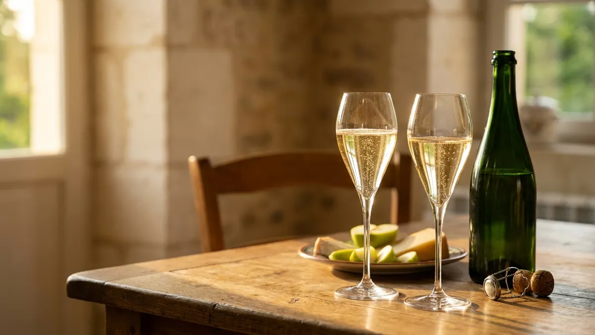 Two tulip glasses of pale gold sparkling wine with fine rising bubbles beside an unlabelled green bottle and its cork on an oak table in warm window light