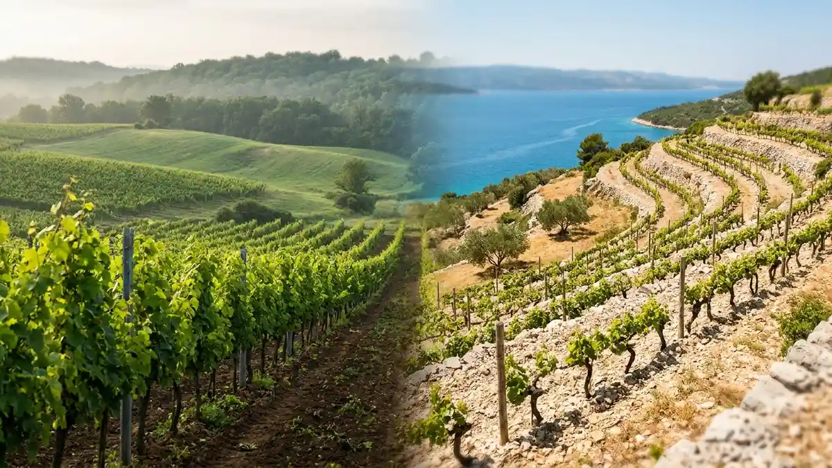 Map-like split view of Croatia showing cool green inland vineyards beside warm terraced coastal vineyards above the blue Adriatic