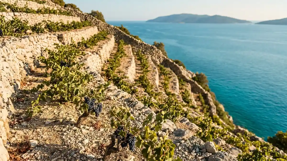 Steep terraced Dingač vineyard on a Dalmatian peninsula dropping toward the turquoise Adriatic, gnarled old Plavac Mali vines on dry stone walls