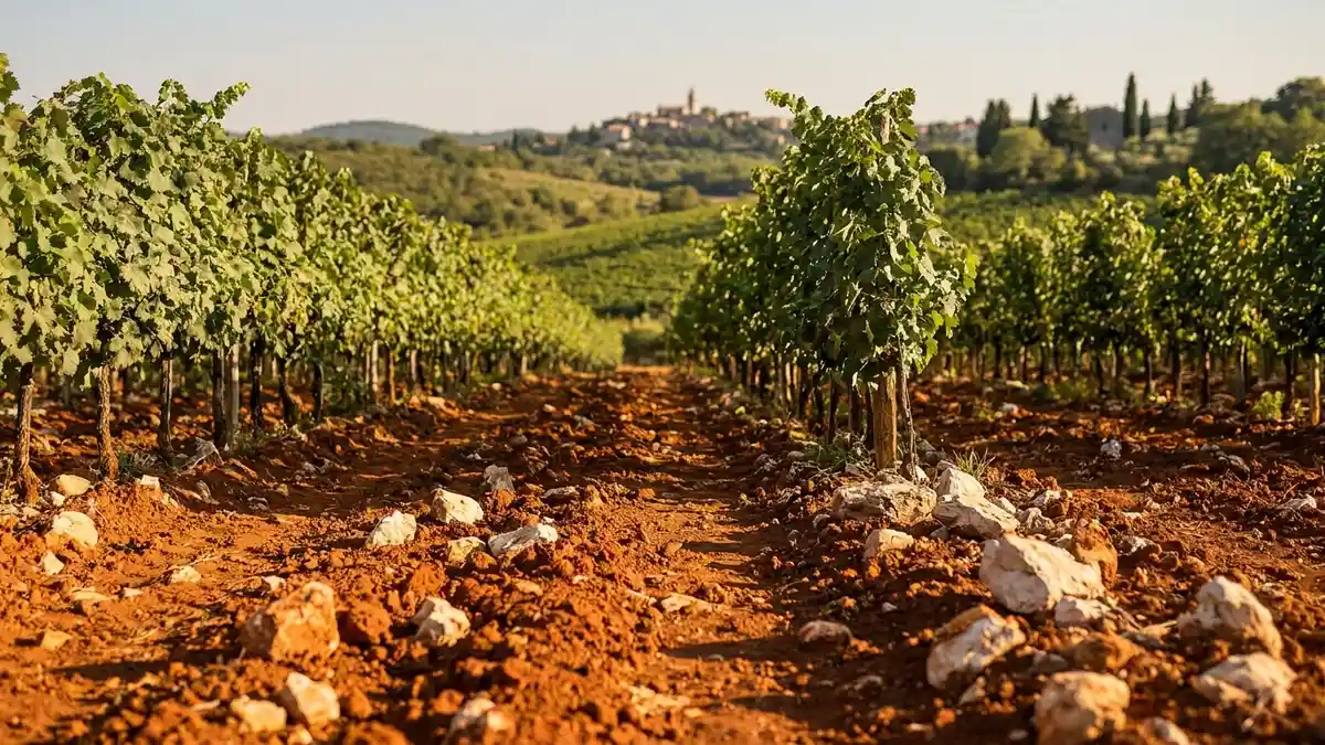 Istrian terra rossa vineyard with rusty-red iron-rich soil and rows of Malvazija vines under a bright Mediterranean sky