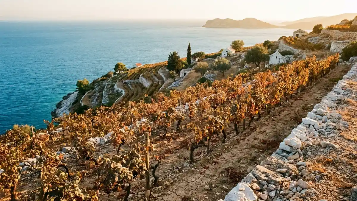 Terraced Dalmatian coastal vineyard above the Adriatic Sea at golden hour, low stone walls and gnarled old vines on a steep sun-baked slope
