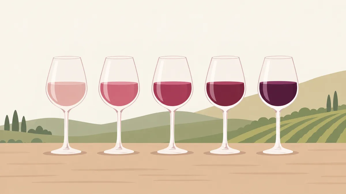 Five red wine glasses in a row, the wine deepening from pale ruby on the left to dark ruby-purple on the right
