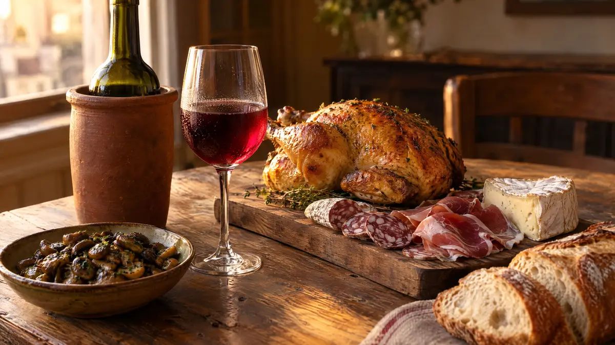 A roast chicken, charcuterie, soft cheese and mushrooms on a rustic table beside a chilled glass of ruby red wine