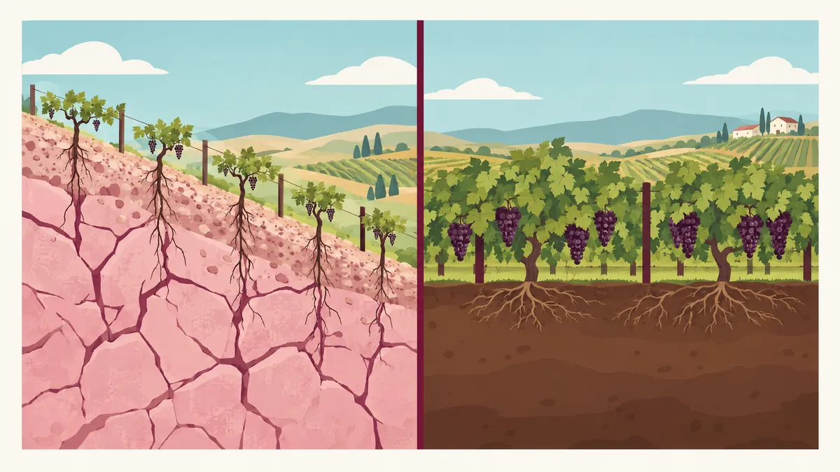 Cutaway of a steep granite slope with sparse vines and small grape clusters beside a flat clay valley with lush vines and larger bunches