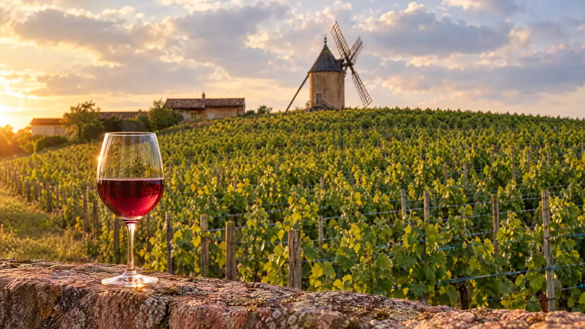 A glass of ruby cru Beaujolais on a granite wall below a vineyard hill crowned by an old stone windmill
