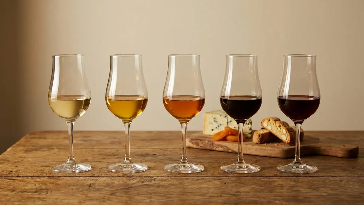 Five small glasses of dessert wine in a row on a wooden table, their colours running from pale gold through amber and mahogany to deep ruby, beside blue cheese, dried apricots and almond biscotti