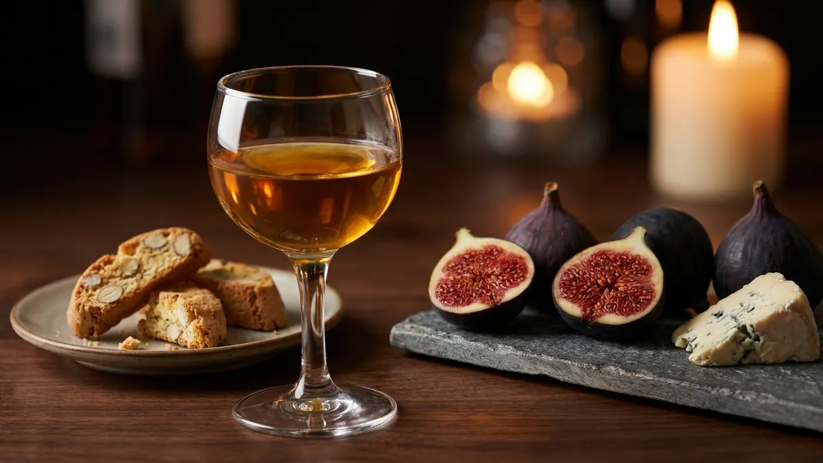 Golden dessert wine in a small glass alongside honeycomb, dried apricots, and aged cheese