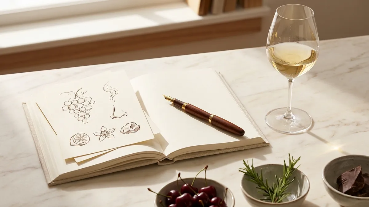A row of identical wine glasses holding different red wines arranged for side-by-side comparison