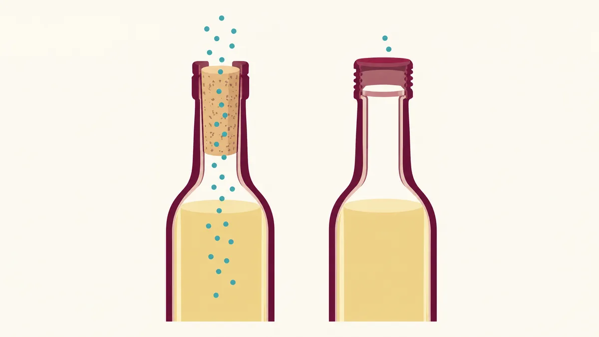 Cutaway illustration of two bottle necks, a natural cork on the left letting small oxygen dots into the wine and a screw cap on the right keeping them out