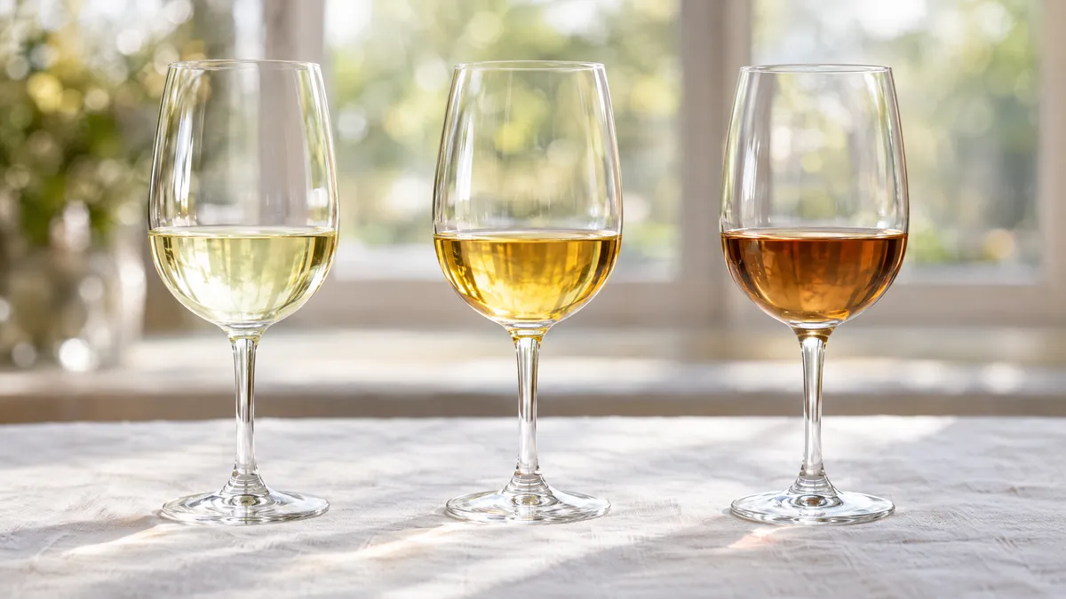 Three glasses of white wine in a row, from pale lemon on the left to deep gold in the middle to brownish amber on the right