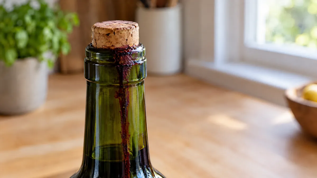 The cork of an unopened wine bottle pushed a few millimetres above the glass lip, with a dried red stain running down the neck