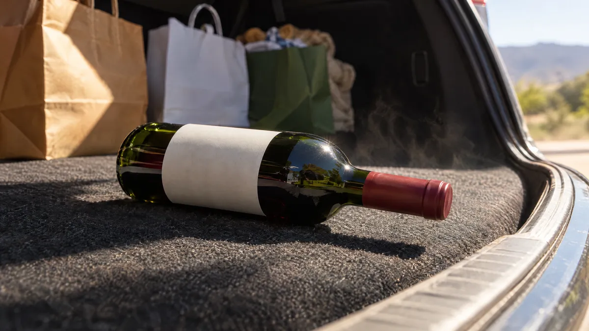 A bottle of red wine with a blank label lying in a car boot under hard summer sunlight