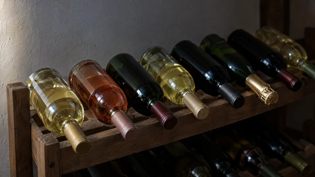 Unlabeled bottles of white, rosé, red and sparkling wine lying on their sides in a wooden home wine rack in cool evening light