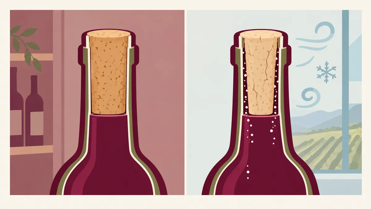 Two bottle necks side by side, one sealed by a plump cork and one by a shrunken, dried-out cork that lets air slip into the wine