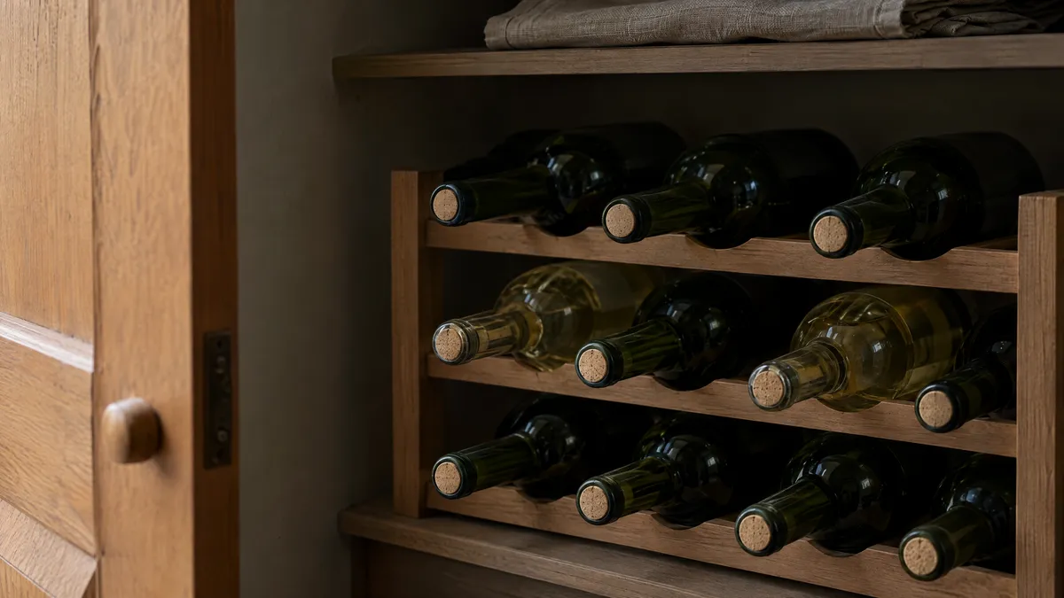Unlabelled wine bottles lying on their sides on a wooden rack inside a dim home cupboard