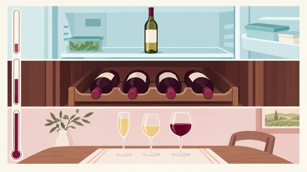 A simple chart of three home settings from coldest to warmest: a fridge shelf, a cool cupboard of bottles, and a table with three glasses