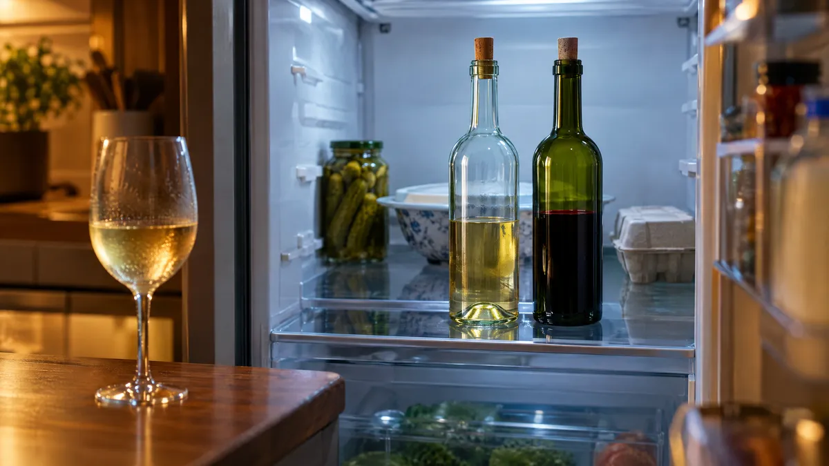 Two opened, re-corked wine bottles, one white and one red, on a lit kitchen fridge shelf with a chilled glass of white wine in front
