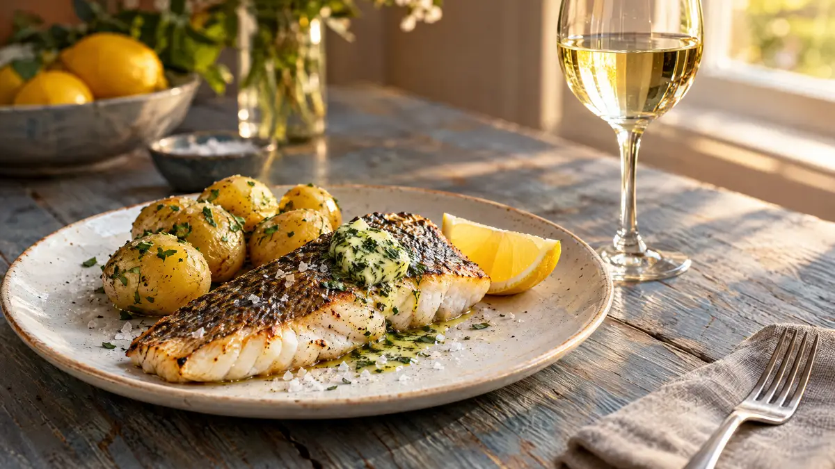 A grilled white fish fillet with lemon, sea salt and herb butter beside new potatoes and a glass of pale dry white wine