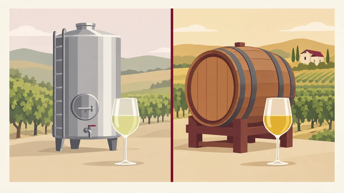 A stainless steel tank with a pale glass of white wine in front, beside an oak barrel with a golden glass of white wine in front