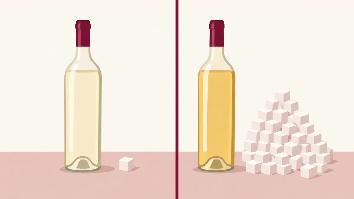 A one-litre bottle of pale white wine beside a single sugar cube, next to a bottle of golden sweet wine beside a tall heap of sugar cubes