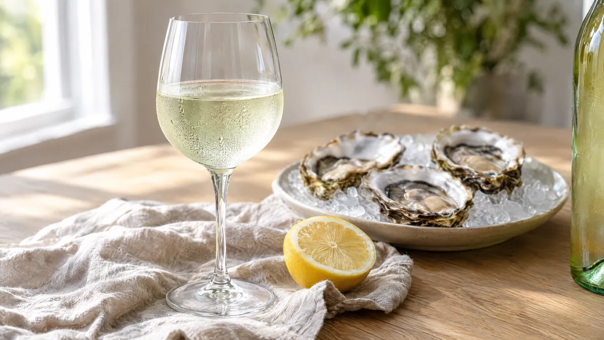 A chilled glass of pale green-tinted dry white wine on a linen cloth beside a halved lemon and three oysters on ice