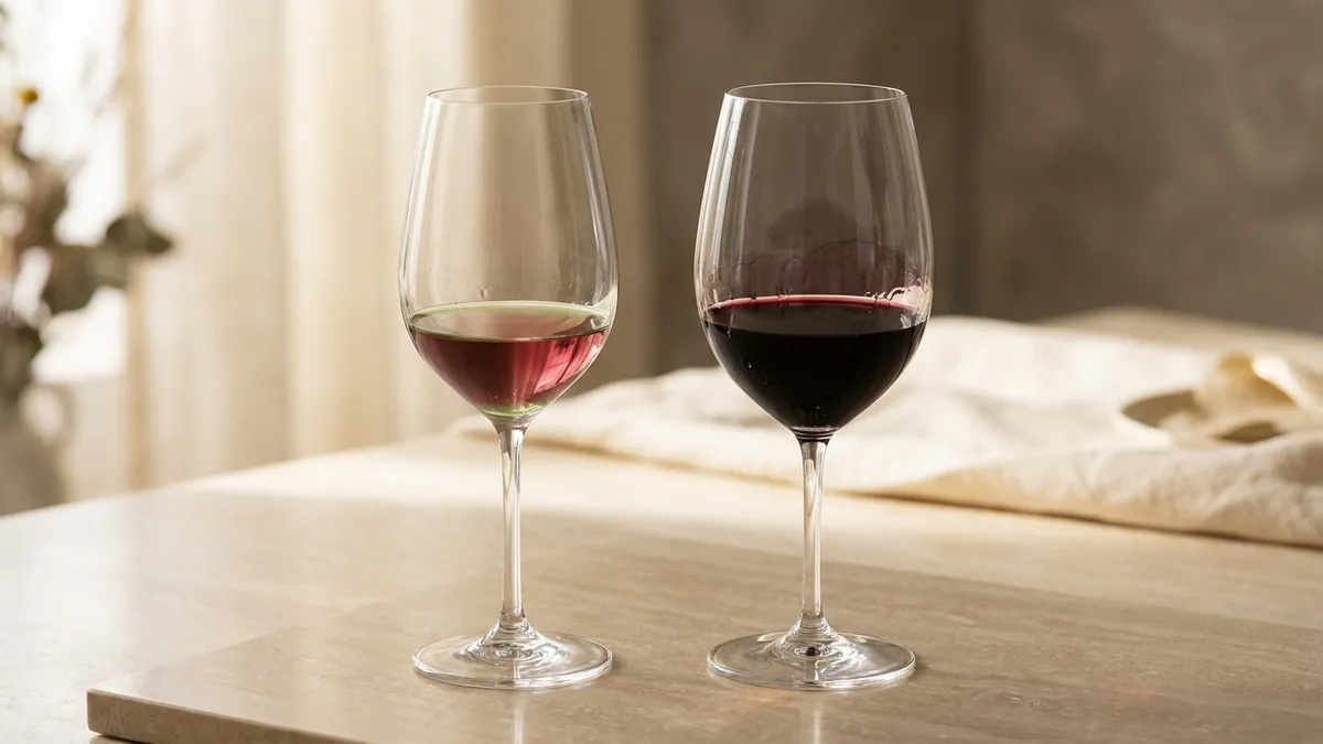 Two wine glasses side by side, one holding a pale watery underripe red and the other a dark stewed overripe red, on a neutral tabletop in soft directional light