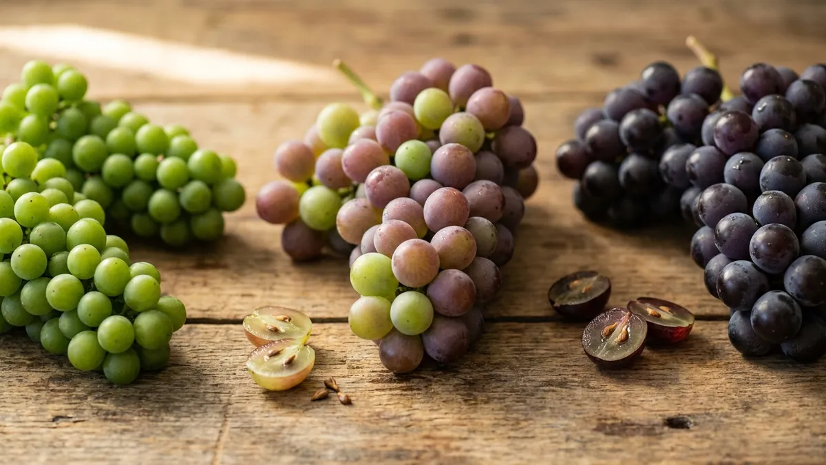 Cross-section view of grape clusters at different ripeness stages, from green and firm to deep purple and translucent, on a vineyard workbench in warm natural light
