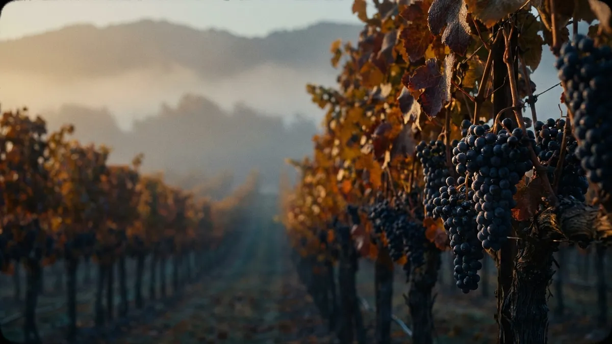 A late-harvest vineyard at dusk under autumn fog with deep purple grape clusters still on the vine, golden light raking across the rows