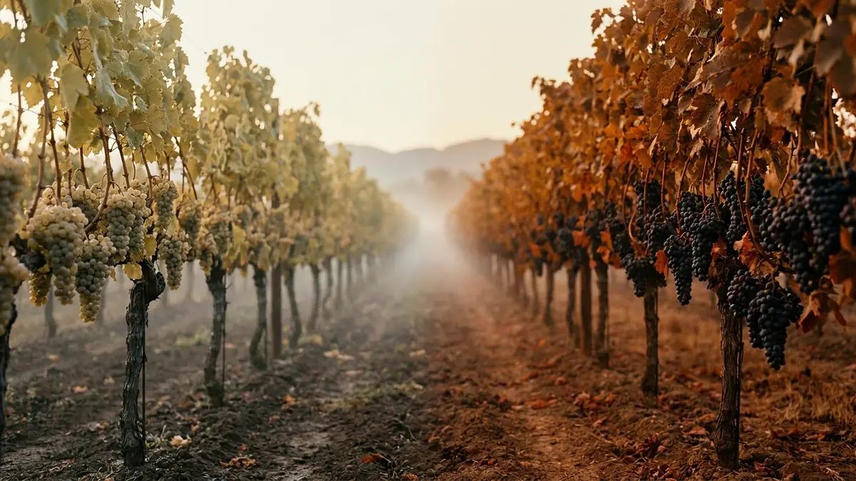 A split vineyard scene at harvest with pale-skinned grape clusters on the cool side and deep purple late-harvest clusters on the warm side under golden autumn light