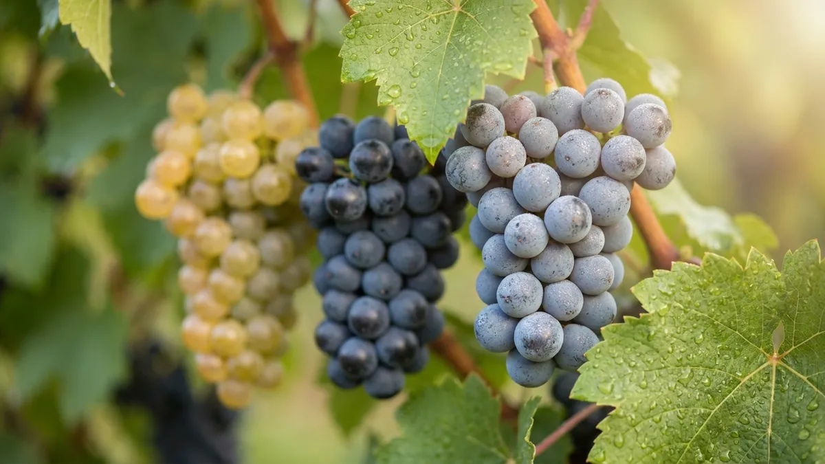 Three pale clusters of Chardonnay, Pinot Noir, and Pinot Meunier grapes ripening on the vine in a cool-climate English vineyard