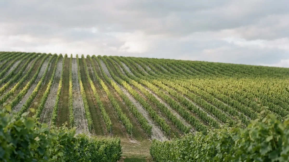 Rolling green vineyard rows on the chalky South Downs of southern England under a soft overcast sky