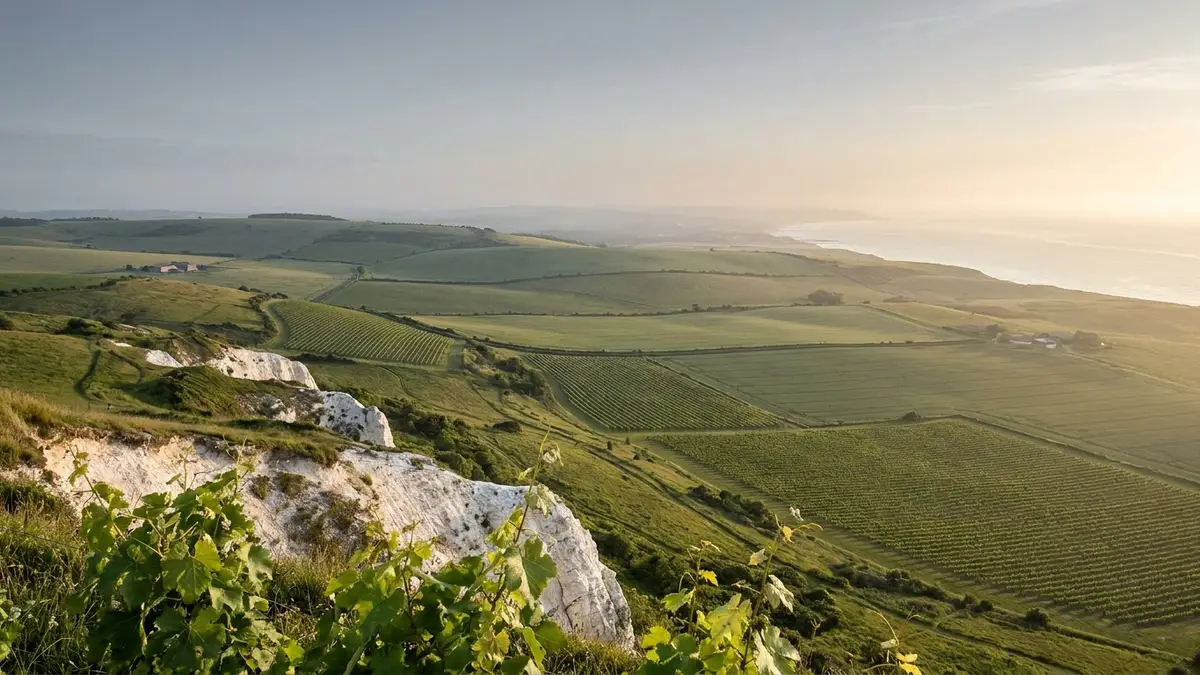 Stylized green map view of southern England's wine counties — Sussex, Kent, and Hampshire — as chalk hills meeting the coast
