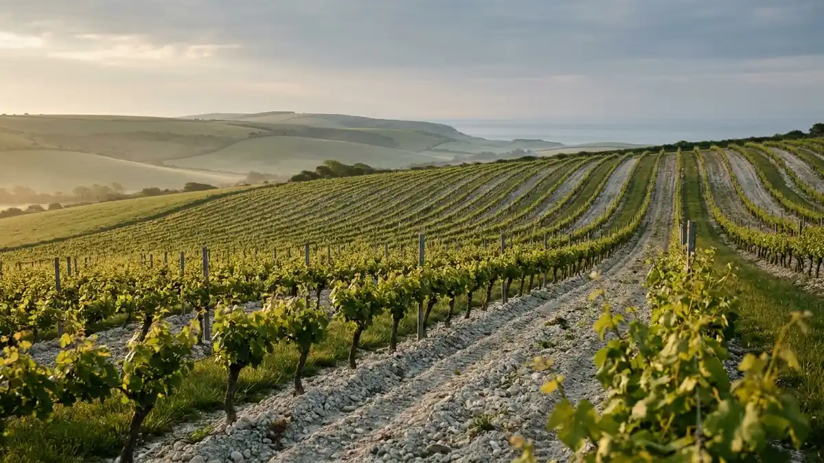 Green chalk-soil vineyard rows on the rolling South Downs of southern England under a soft grey-blue sky