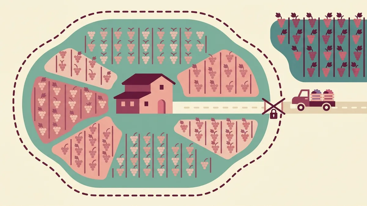 A flat map-style illustration of a wine valley inside a dashed boundary, the winery's vines all within it and a truck of grape crates held at a gate outside