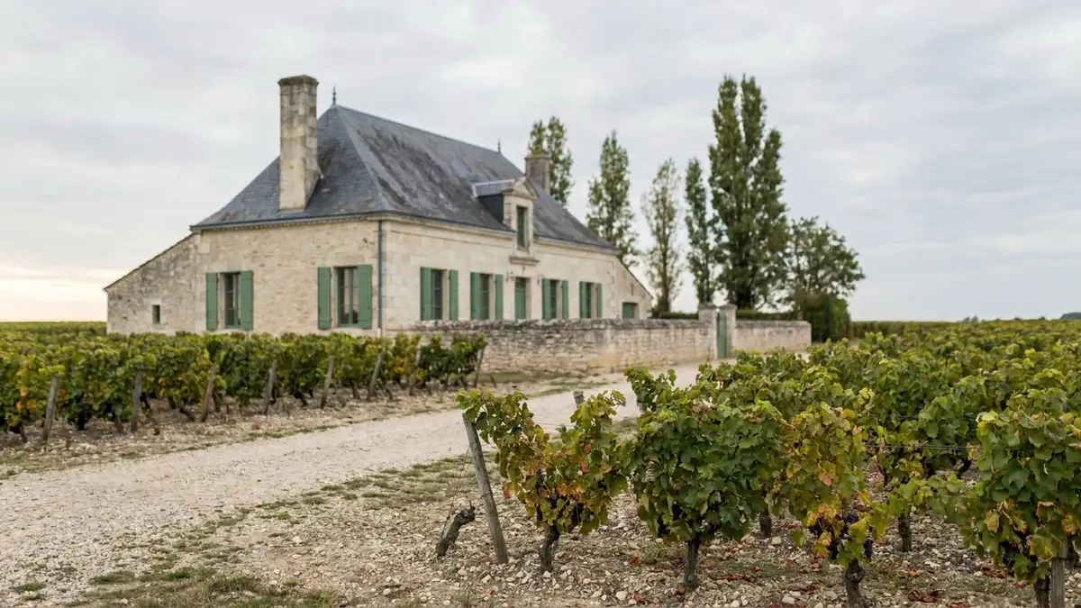 An old pale-stone farmhouse with green shutters surrounded by its own low vines on flat gravel ground under soft autumn light