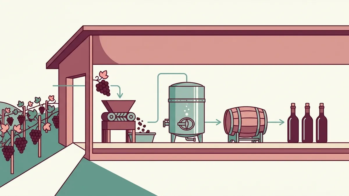 A flat illustration of one winery building in cutaway, with grapes entering on the left and passing through a crusher, a steel tank and a barrel to plain bottles on the right
