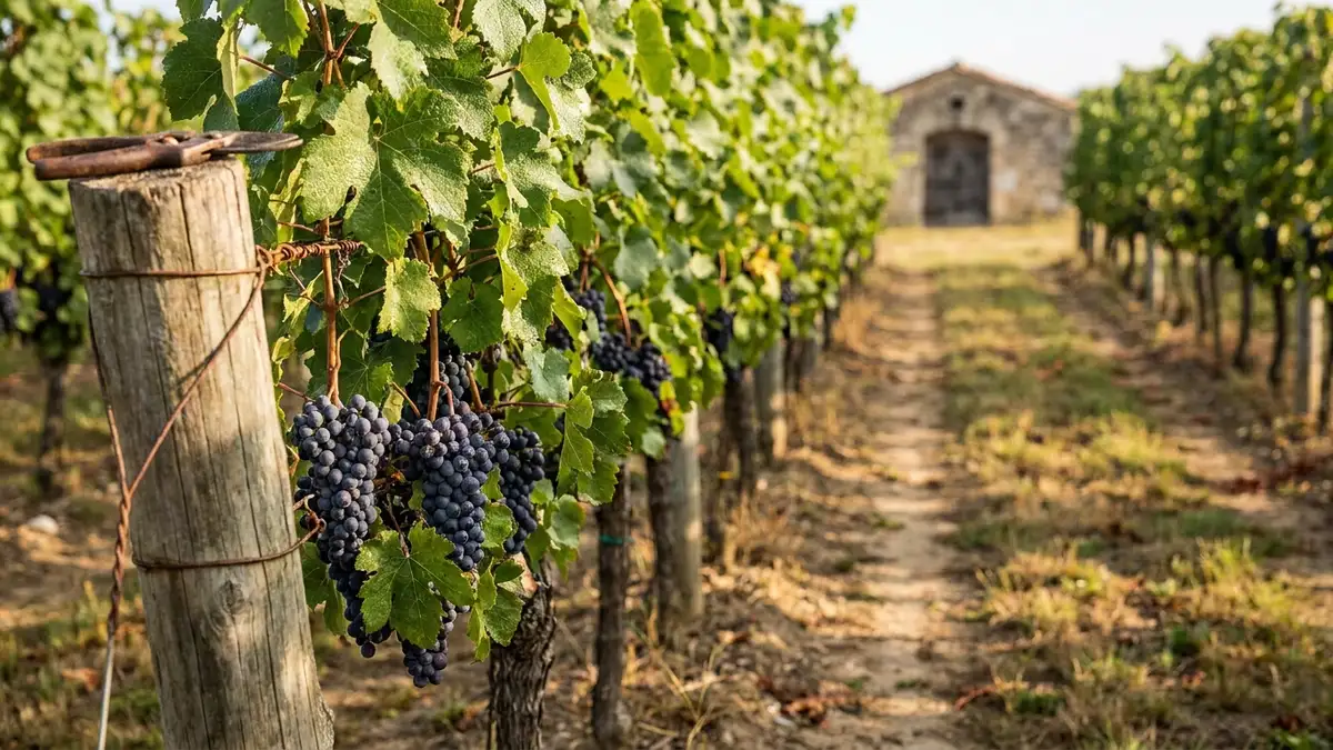 A low view down a row of mature grapevines heavy with dark grape clusters, leading to a stone cellar building at the far end