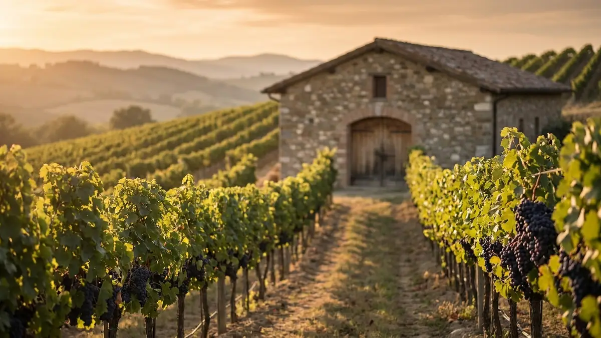 A small stone winery surrounded by its own vineyard on a gentle hillside at golden hour, ripe grape clusters in the foreground